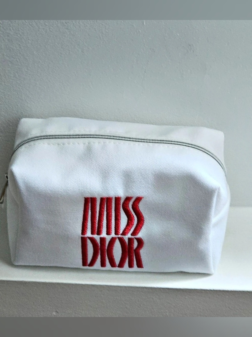 DIOR MISS DIOR COSMETIC POUCH IN WHITE & RED DENIM